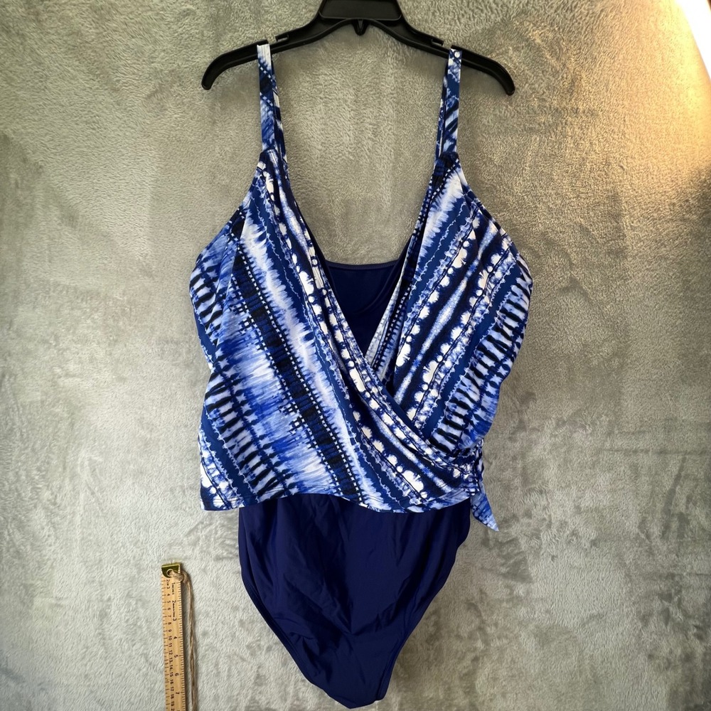 Apt 9 Womens Blue Tie Dye Faux Wrap One Piece Swimsuit Plus Size 3X Adjustable